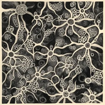 Stylized linocut print of the intricate network of bread mould - Image 1