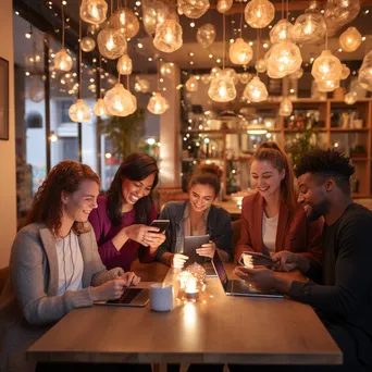 Diverse group of influencers discussing strategies in a cozy café - Image 1