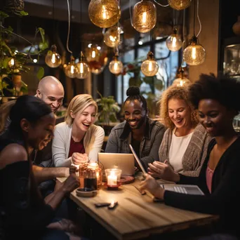 Diverse group of influencers discussing strategies in a cozy café - Image 3