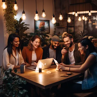 Diverse group of influencers discussing strategies in a cozy café - Image 4