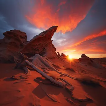 Sunset illuminating ancient wind-carved rock formations in a desert - Image 1