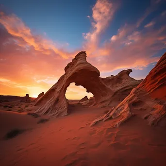 Sunset illuminating ancient wind-carved rock formations in a desert - Image 4