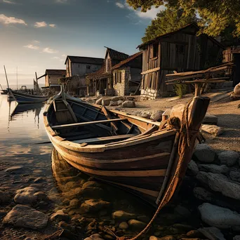 Historical fishing boats moored in a rustic harbor with wooden structures. - Image 3