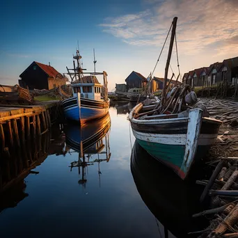 Historical fishing boats moored in a rustic harbor with wooden structures. - Image 4