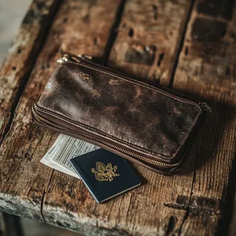 Travel pouch filled with tickets and passport on wooden table - Image 3