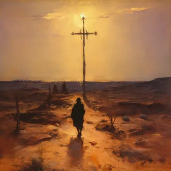 Artistic depiction of man at crossroads in desert, symbolizing life choices - Image 2