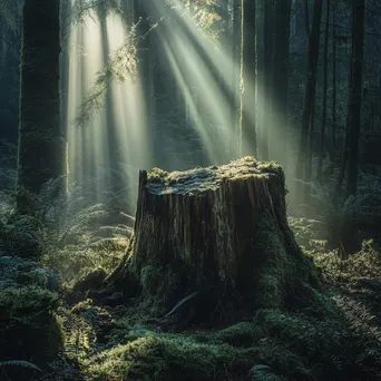 Hollow tree stump surrounded by moss with sunlight filtering through trees - Image 1