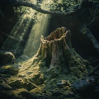 Hollow tree stump surrounded by moss with sunlight filtering through trees - Image 3