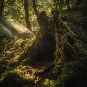 Hollow tree stump surrounded by moss with sunlight filtering through trees - Image 4