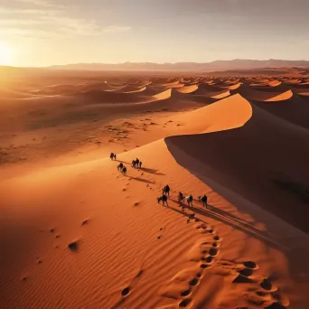 Desert Landscape Aerial View with Camel Caravan