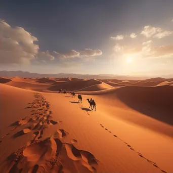 Aerial view of desert landscape with sand dunes and camel caravan - Image 2