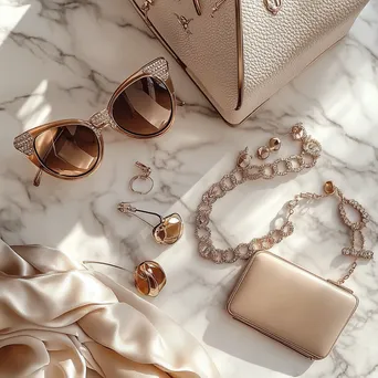 Flat lay of luxury designer accessories on a marble surface - Image 1