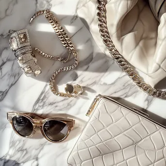 Flat lay of luxury designer accessories on a marble surface - Image 3