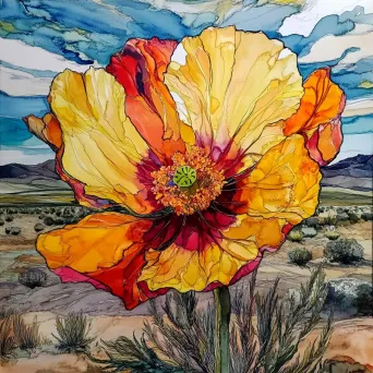 Watercolor and ink depiction of a blooming desert post rainfall - Image 3