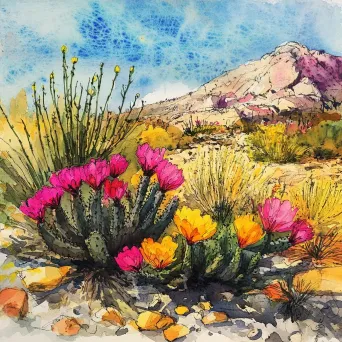 Watercolor and ink depiction of a blooming desert post rainfall - Image 4