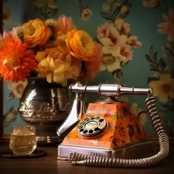 Retro rotary phone, antique mirror, and vintage perfume bottles on a vanity table - Image 1