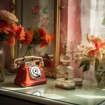 Retro rotary phone, antique mirror, and vintage perfume bottles on a vanity table - Image 3