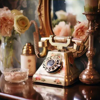 Retro rotary phone, antique mirror, and vintage perfume bottles on a vanity table - Image 4