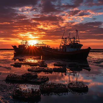 Silhouettes of oyster beds and boats at sunset - Image 3