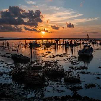 Silhouettes of oyster beds and boats at sunset - Image 4