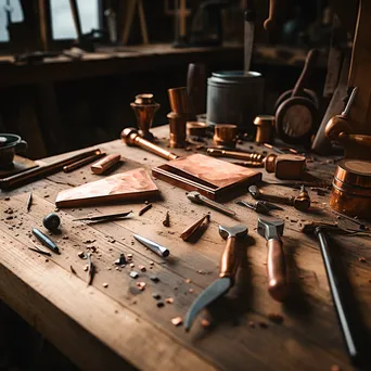 Close-up of copper tools on a weathered workbench - Image 4