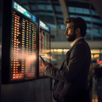 Traveler looking at watch by airport departure board. - Image 3