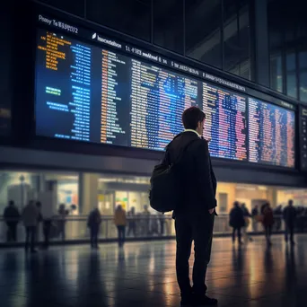 Traveler looking at watch by airport departure board. - Image 4