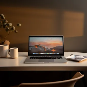 A minimalist desk setup with a laptop and coffee cup in soft light - Image 1