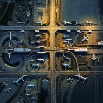 Aerial view of an airport with aircraft and ground vehicles - Image 1