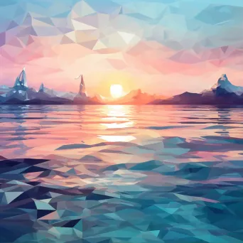 Low poly depiction of a calm sea at dusk in pastel colors - Image 1