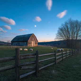 Twilight scene with classic barn and grazing sheep - Image 3