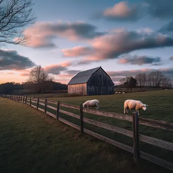 Twilight scene with classic barn and grazing sheep - Image 4