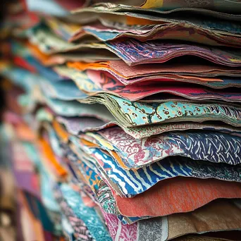 Close-up of stacked colorful handmade paper. - Image 1