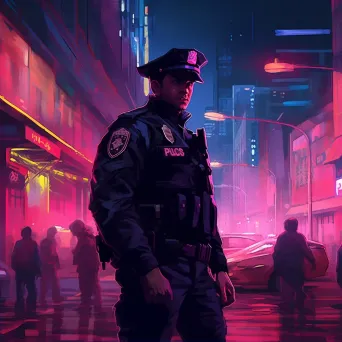 Brave law enforcer in tense nighttime standoff under neon city lights - Image 2