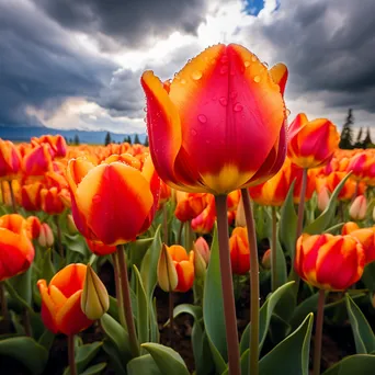 Vibrant tulip field with raindrops under a cloudy sky. - Image 1