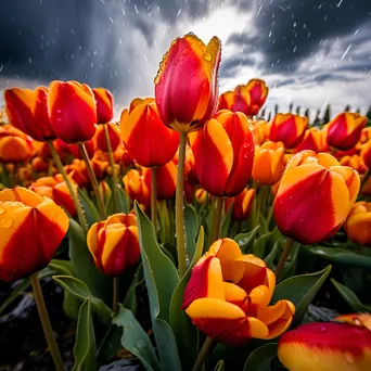 Vibrant tulip field with raindrops under a cloudy sky. - Image 2