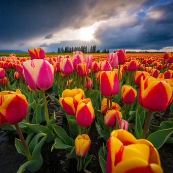 Vibrant tulip field with raindrops under a cloudy sky. - Image 3