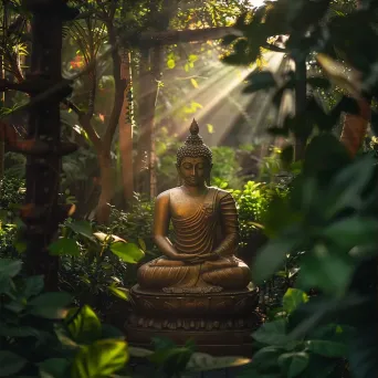 Golden buddha statue in peaceful temple with greenery and sunlight - Image 3