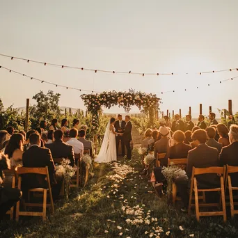 Outdoor wedding ceremony at a vineyard with floral decorations. - Image 2