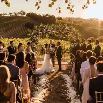 Outdoor wedding ceremony at a vineyard with floral decorations. - Image 3