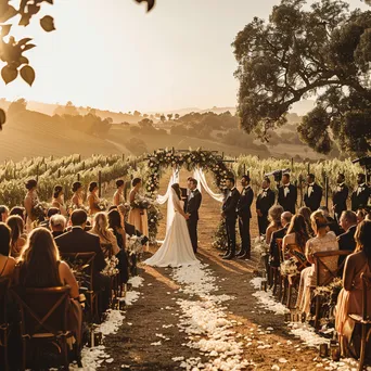 Outdoor wedding ceremony at a vineyard with floral decorations. - Image 4