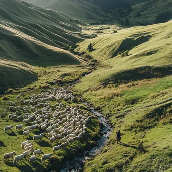 Aerial shot of shepherd and flock meandering through a beautiful valley - Image 4