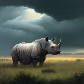 Javan rhinoceros grazing in green grasslands under cloudy sky - Image 1