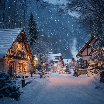 Snowy village with holiday lights at twilight - Image 3