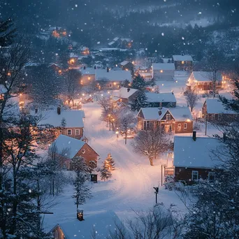 Snowy village with holiday lights at twilight - Image 4