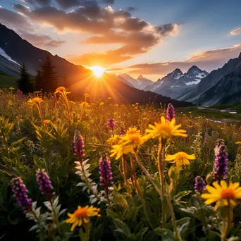 Wide view of an alpine meadow filled with wildflowers at sunset - Image 2