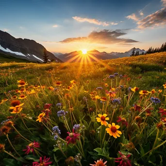 Wide view of an alpine meadow filled with wildflowers at sunset - Image 4