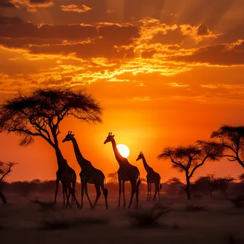 Giraffes silhouetted against a sunset sky. - Image 3