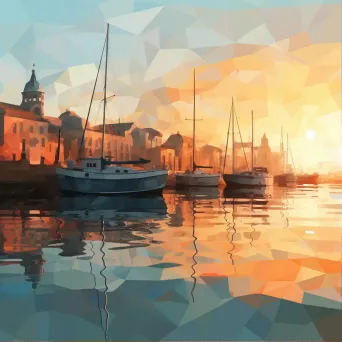 Low poly depiction of a vintage harbor during sunset - Image 1