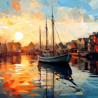 Low poly depiction of a vintage harbor during sunset - Image 4